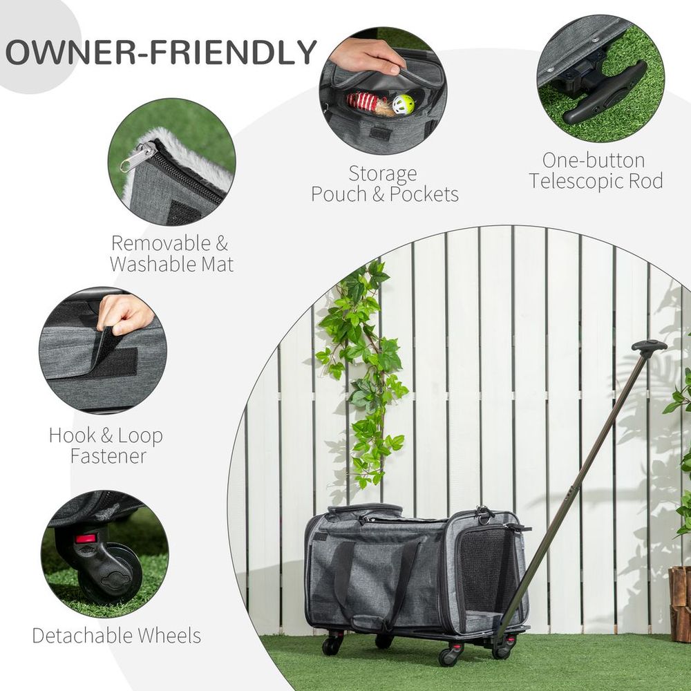 Owner friendly grey cat carrier with many features.