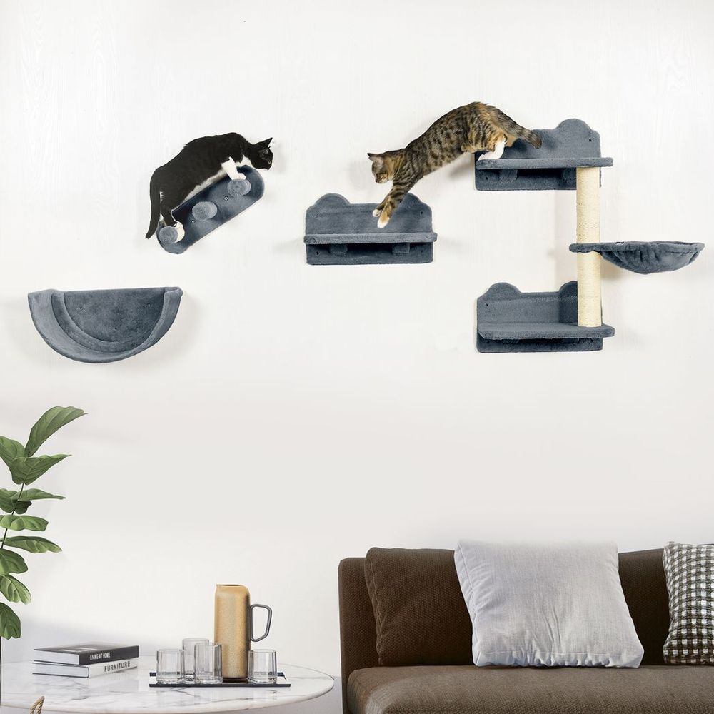 Grey Four Piece Wall Mounted Cat Shelf