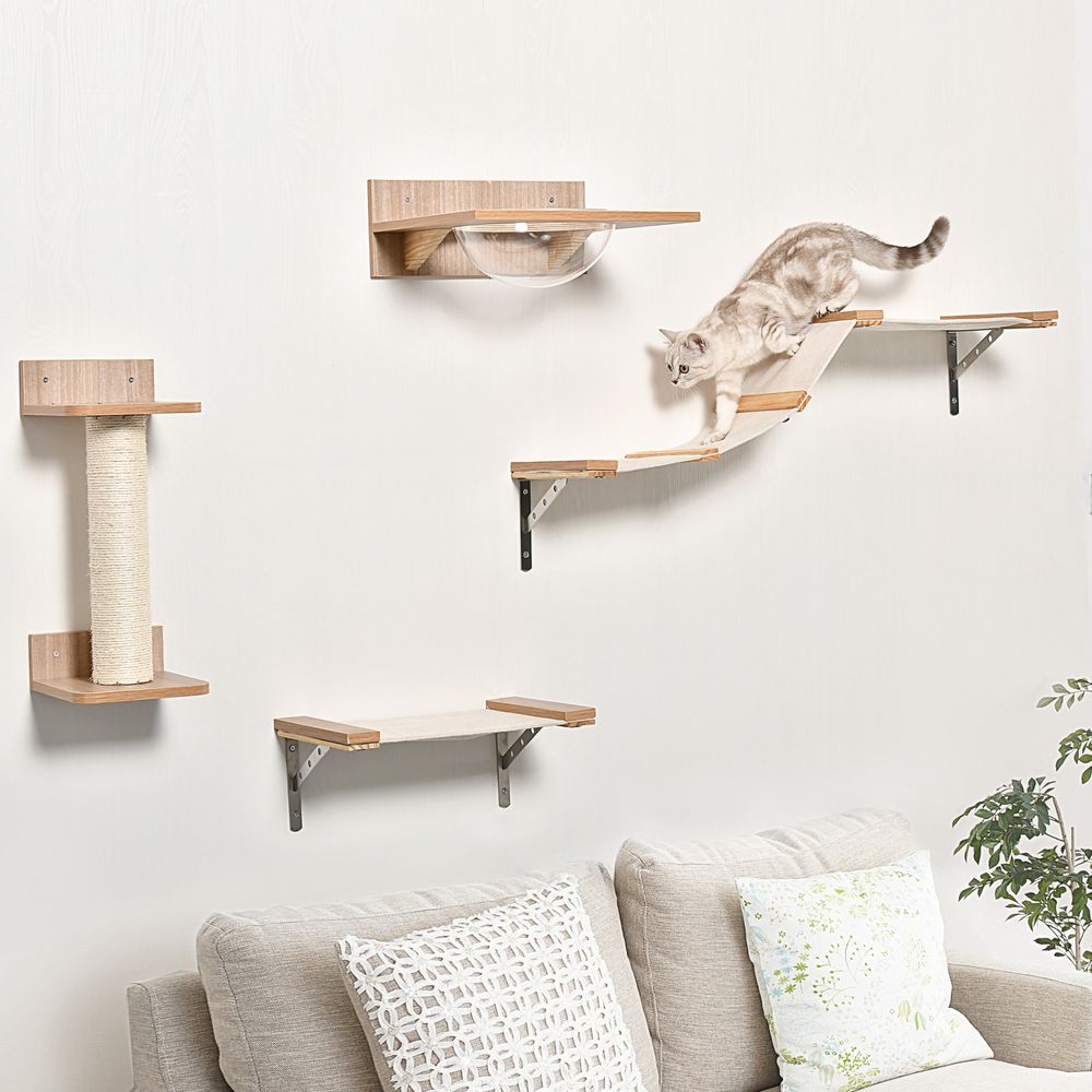 Four Piece Cat Shelf with Clear Bowl Hammock