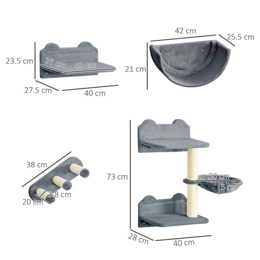 Grey Four Piece Wall Mounted Cat Shelf