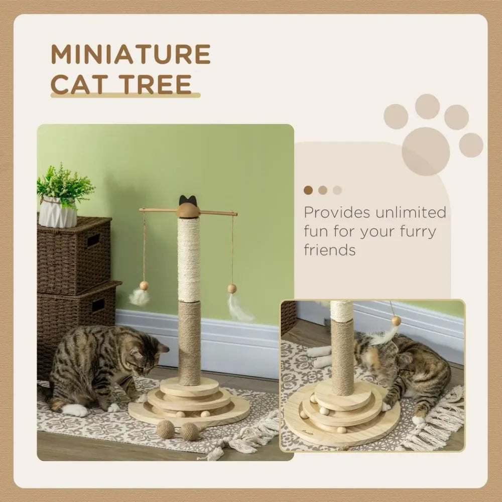 2 tabby cats playing with a cat scratching post