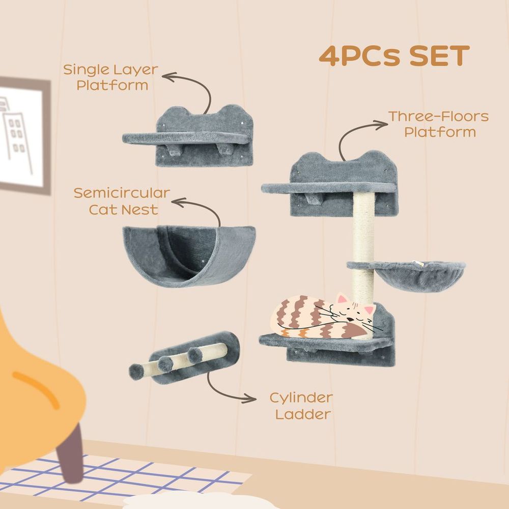 Grey Four Piece Wall Mounted Cat Shelf