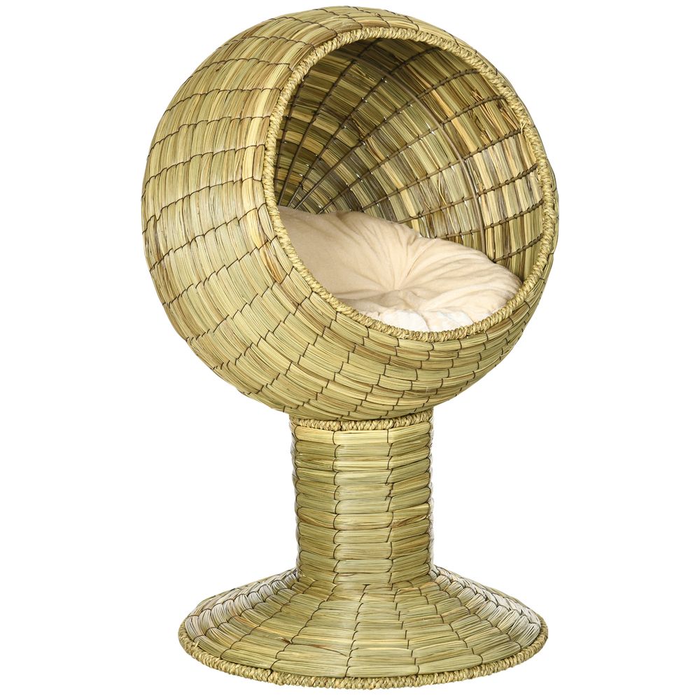 A raised cat bed made from wood with a cushion inside