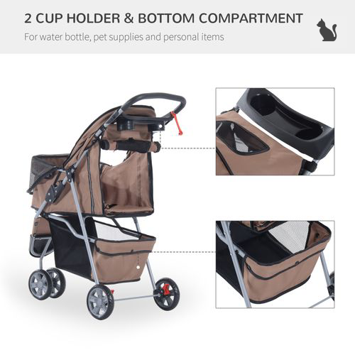 2 cupholders and compartment of Brown cat stroller with three wheels