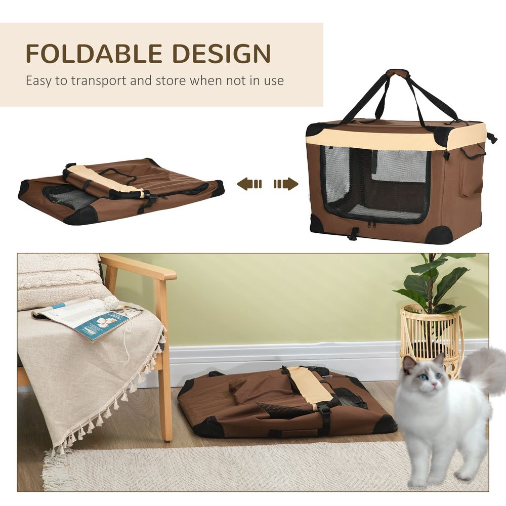 Cat next to foldable brown cat carrier