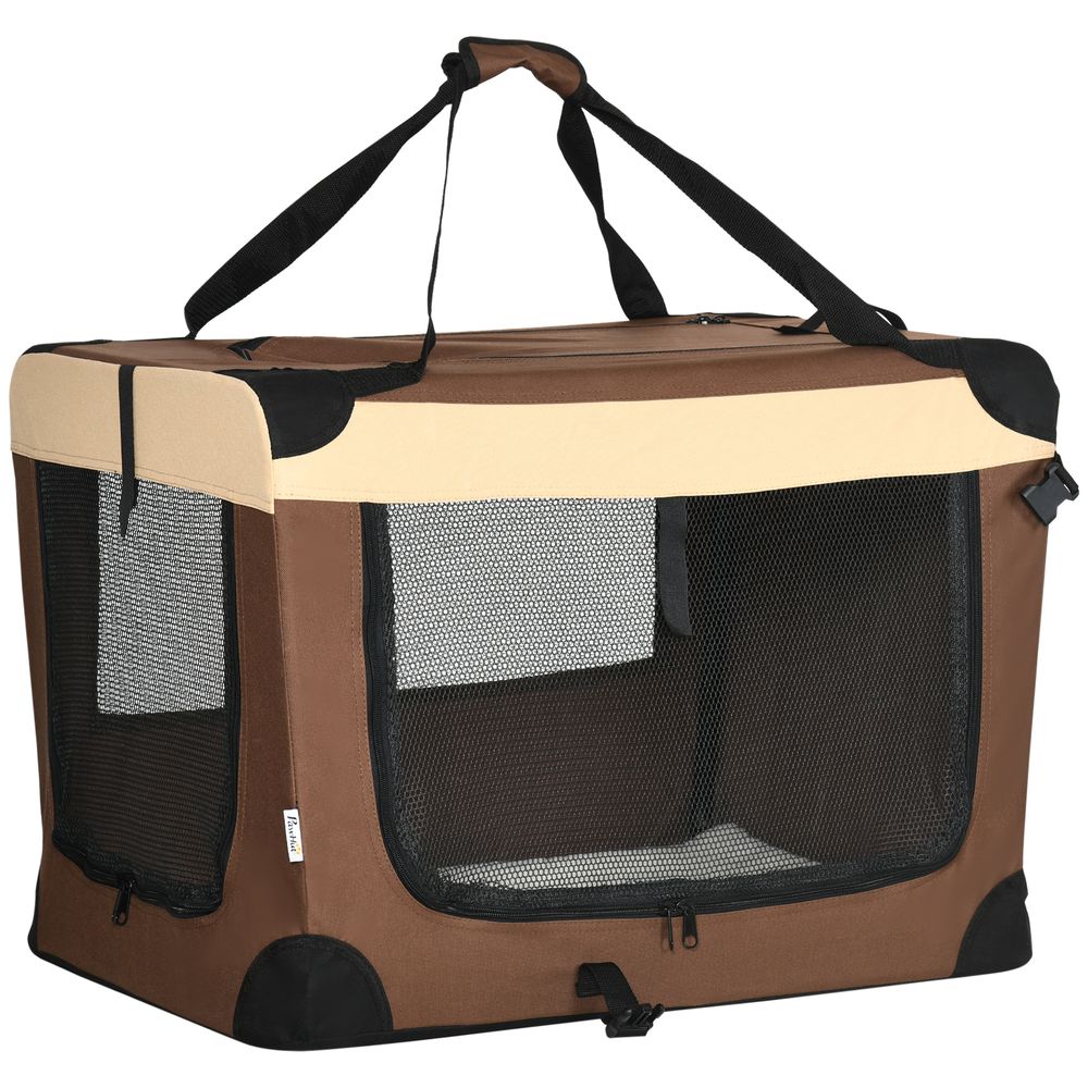 Brown foldable cat carrier with handles see through