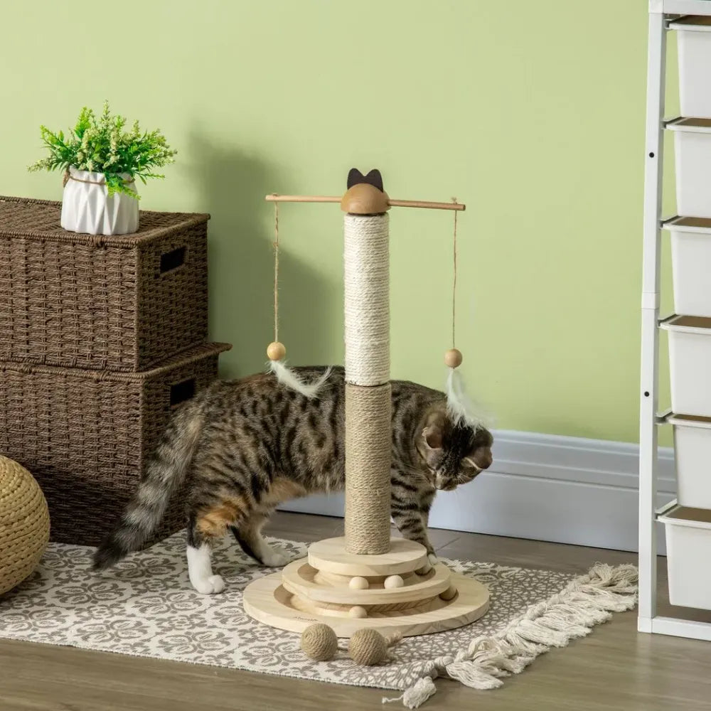 Cat playing with scratching post with play balls