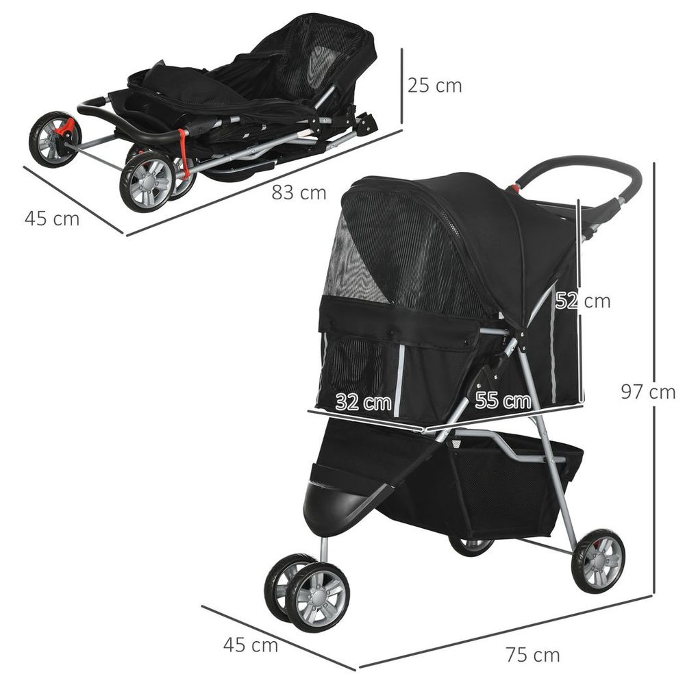 dimensions of Black cat stroller with three wheels