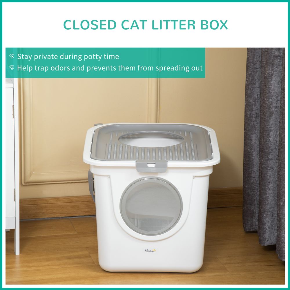 Front view of white Cat Litter Box and privacy