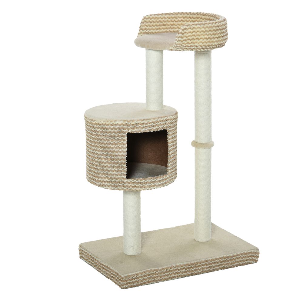 Two tier cat tree, with a cat house on the first level and perch with a side protector on the upper level