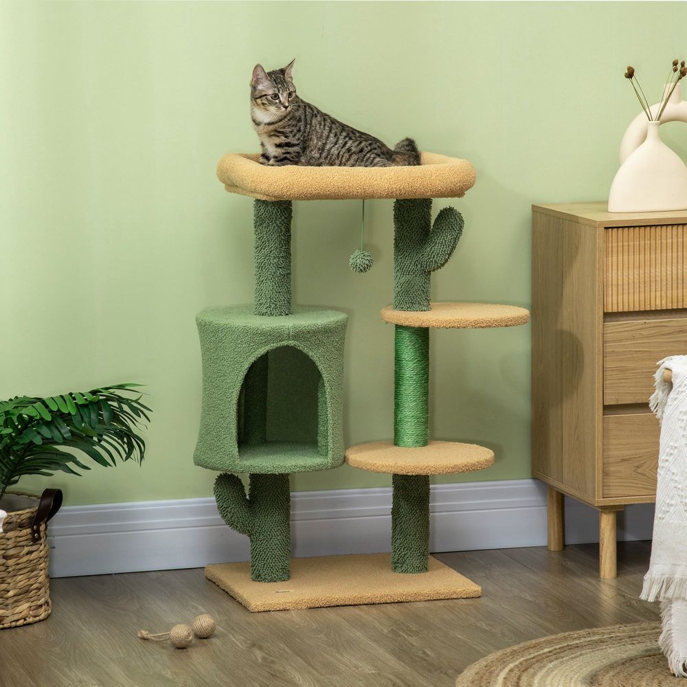 tabby cat relaxing on top of a Cactus Cat Tree Bed with toy and cactus theme dessert