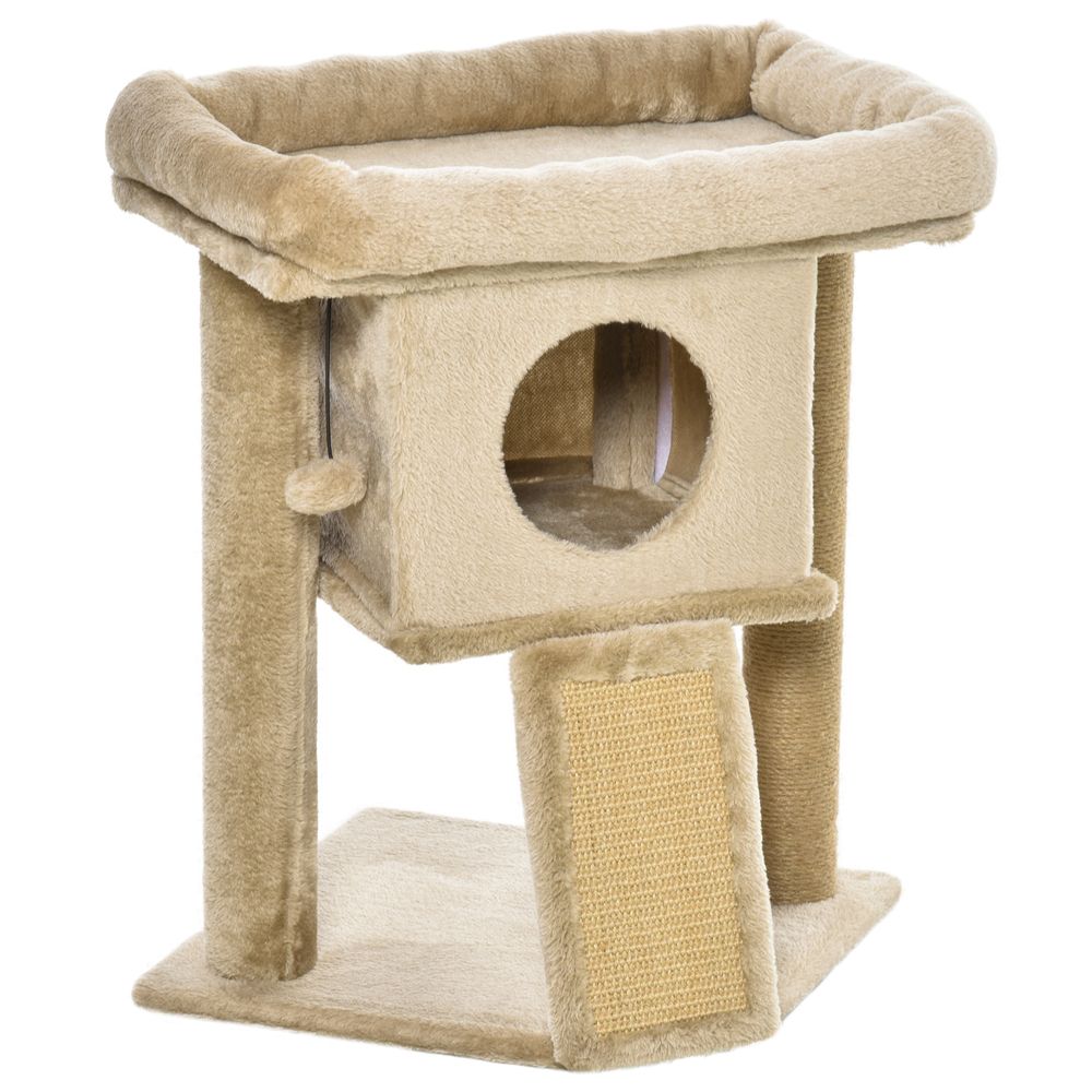 Cat Bed Scratching Post with a toy and holes and cushion at the top