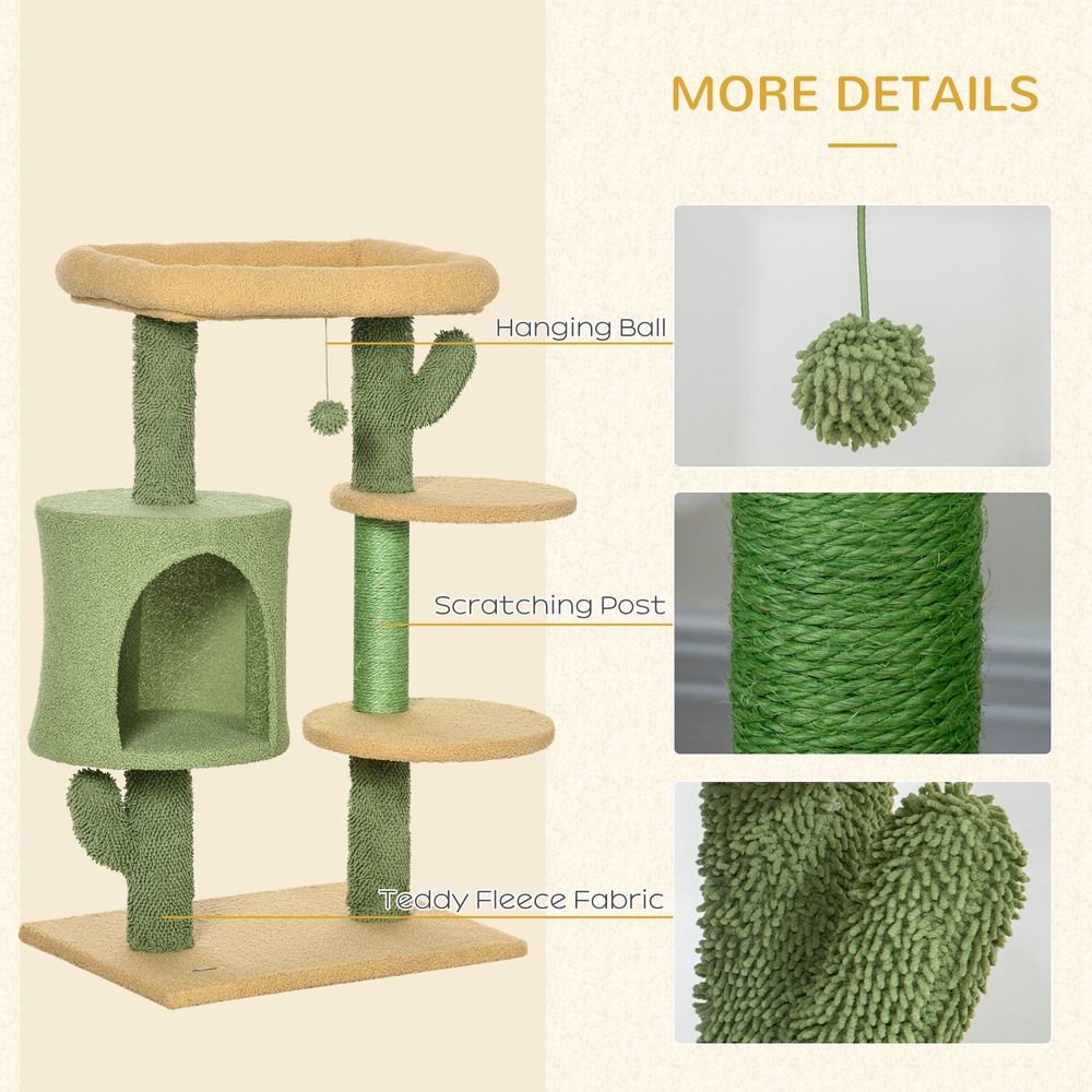 more details and features of Cactus Cat Tree Bed with hanging ball, scratching post and fleece fabric