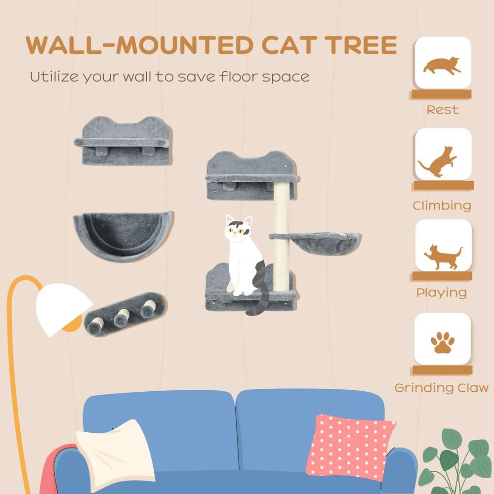 Grey Four Piece Wall Mounted Cat Shelf