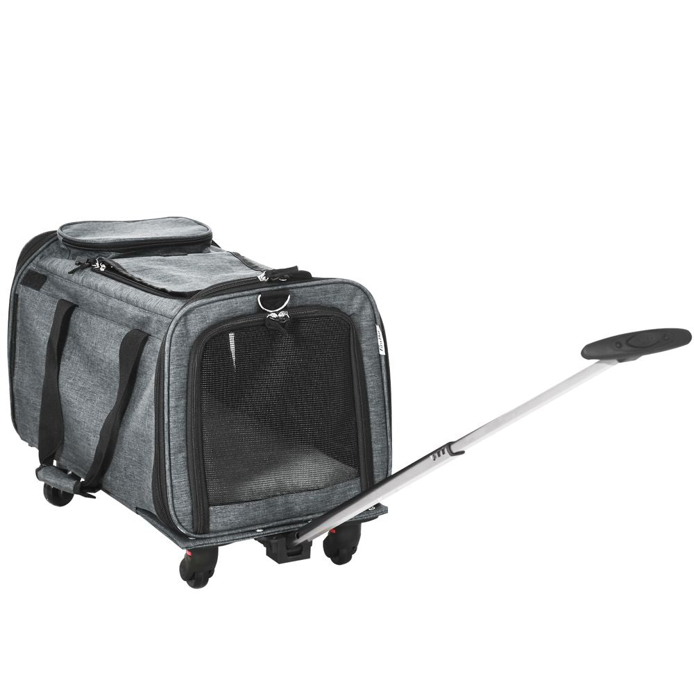 Grey carrier with wheels and handle. Zip collapsable areas with straps. 