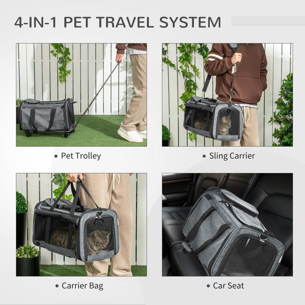 4 in 1 cat carrier. Pet trolley, carry as sling, carrier bag, and carrier in car seat.